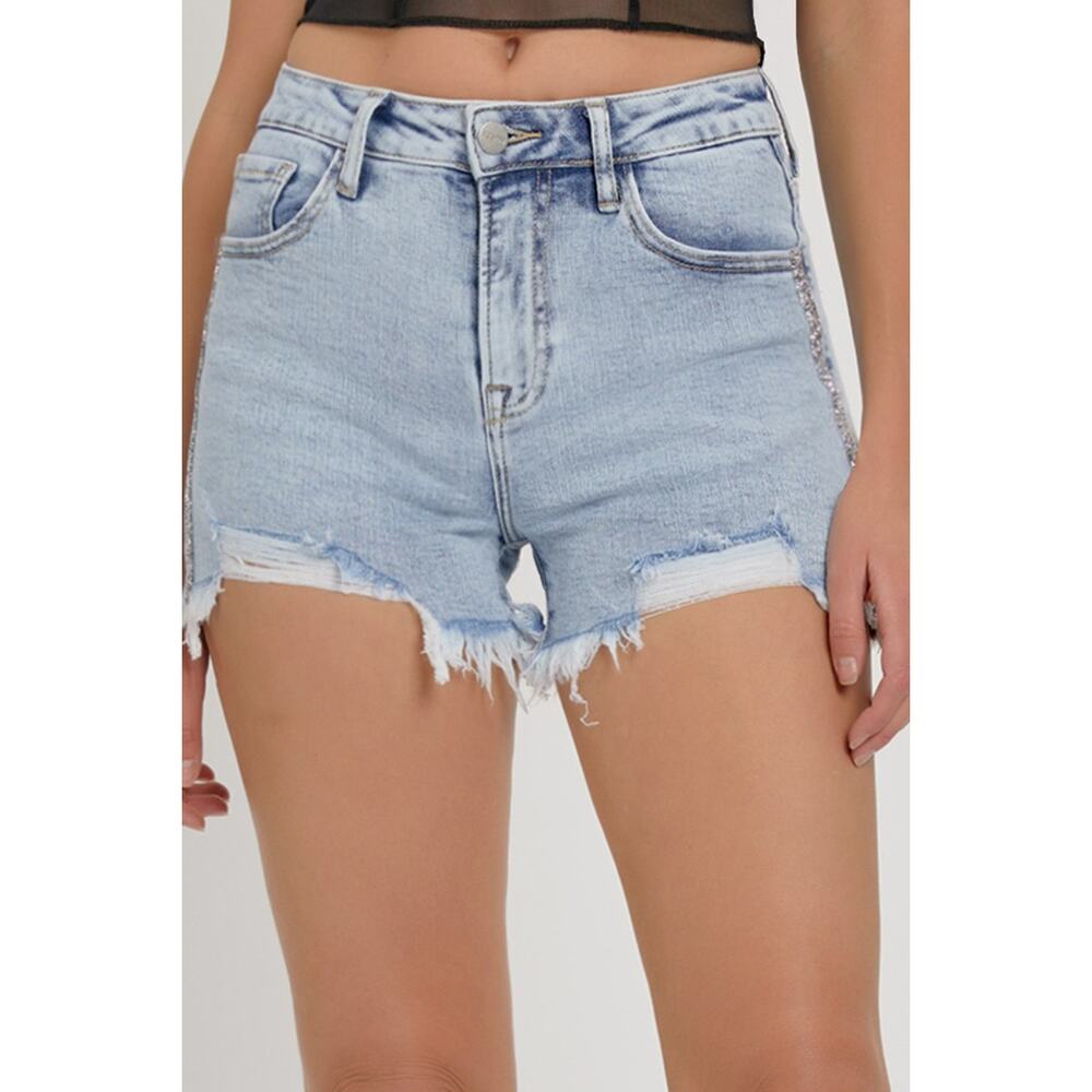 RISEN High Rise Rhinestone Strap Embellished Denim Shorts - RDS6081 - Size Large - Picture 6 of 7